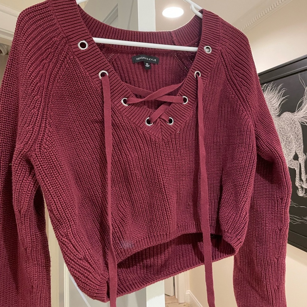 Pacsun Kendall and Kylie collection maroon cropped knit lace up v neck sweater